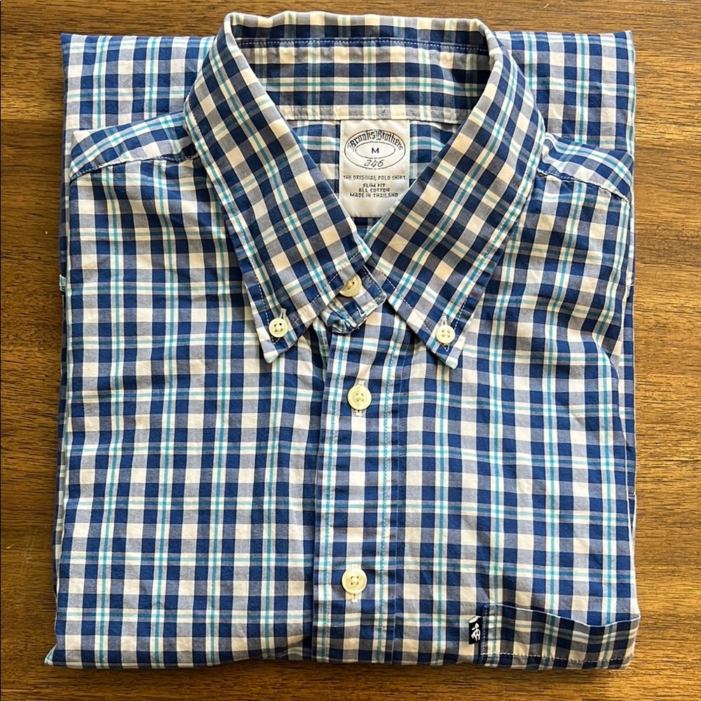 Brooks Brothers 346 Slim Fit Blue White Plaid Button Down Shirt Men’s Medium